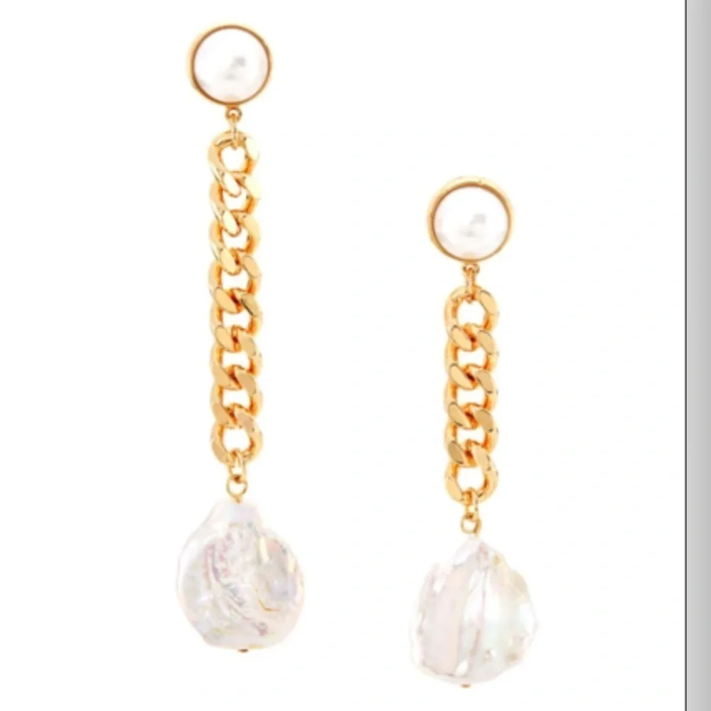 🔥🔥DANNIJO Authentic Kate Gold Tone & Faux Pearl Asymmetric Chain Drop Earrings